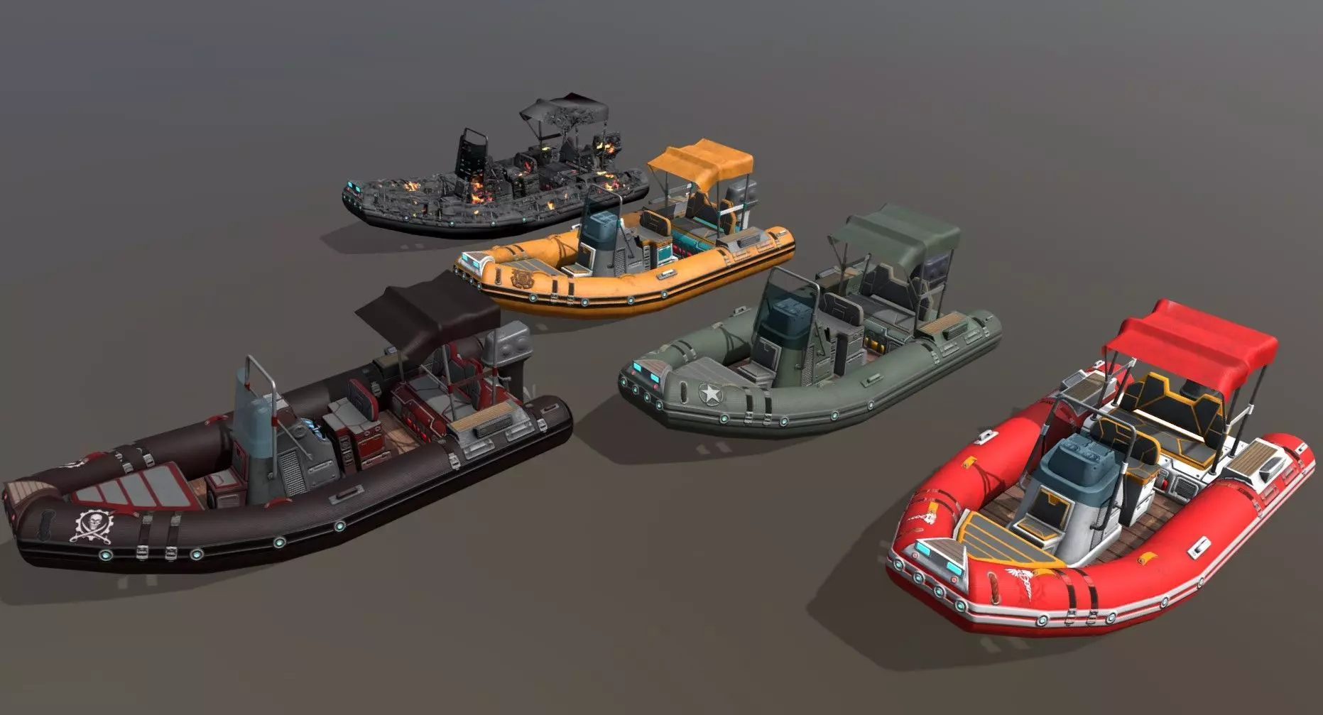 Low poly Zodiac boat set Low-poly 3D model_0