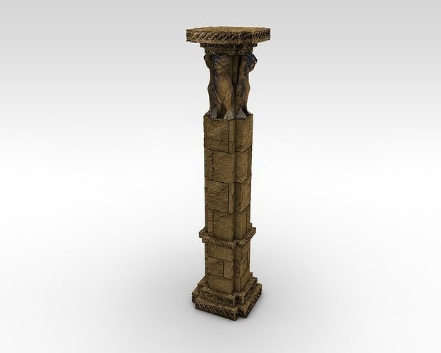 Low poly stone column pillar with lions Low-poly 3D model