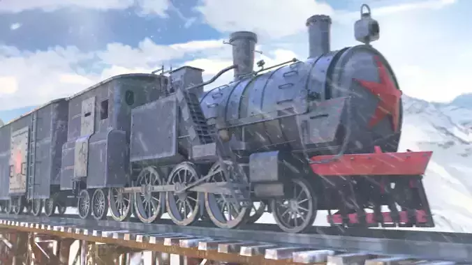 train in snow with star