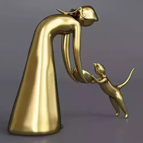 decorative figurine of a woman feeding a cat Low-poly 3D model