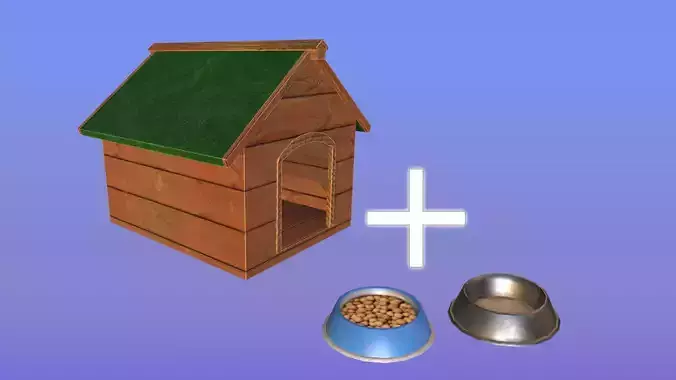 Dog House and Dog Food Bowl Game Ready Model Pack