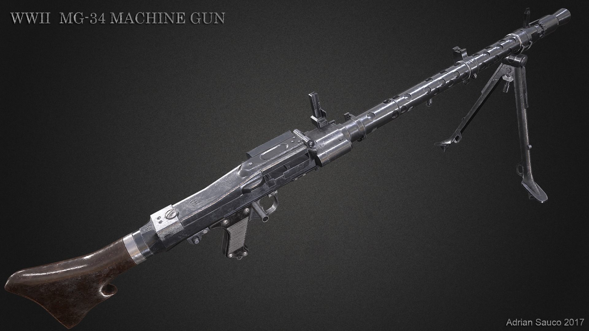 MG34 WWII Machine Gun Videogame Asset Low-poly 3D model_4