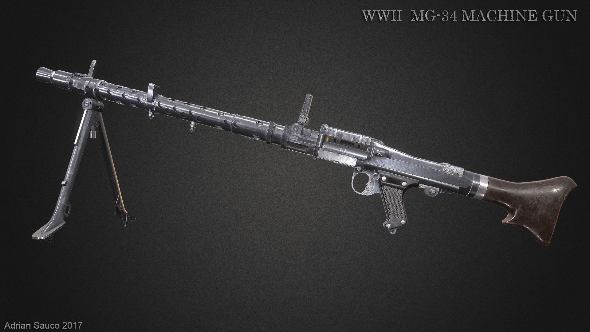 MG34 WWII Machine Gun Videogame Asset Low-poly 3D model_13