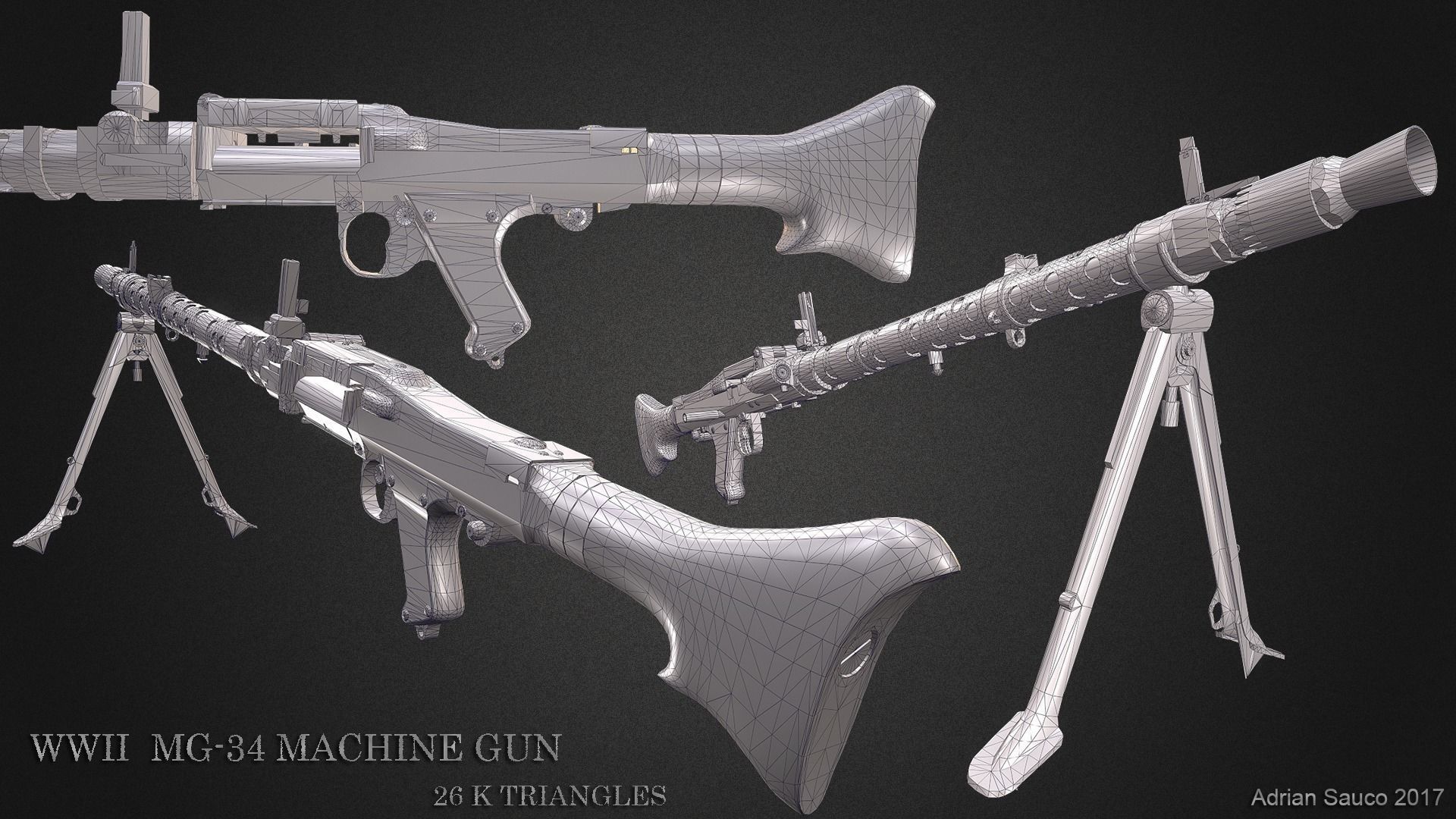 MG34 WWII Machine Gun Videogame Asset Low-poly 3D model_6