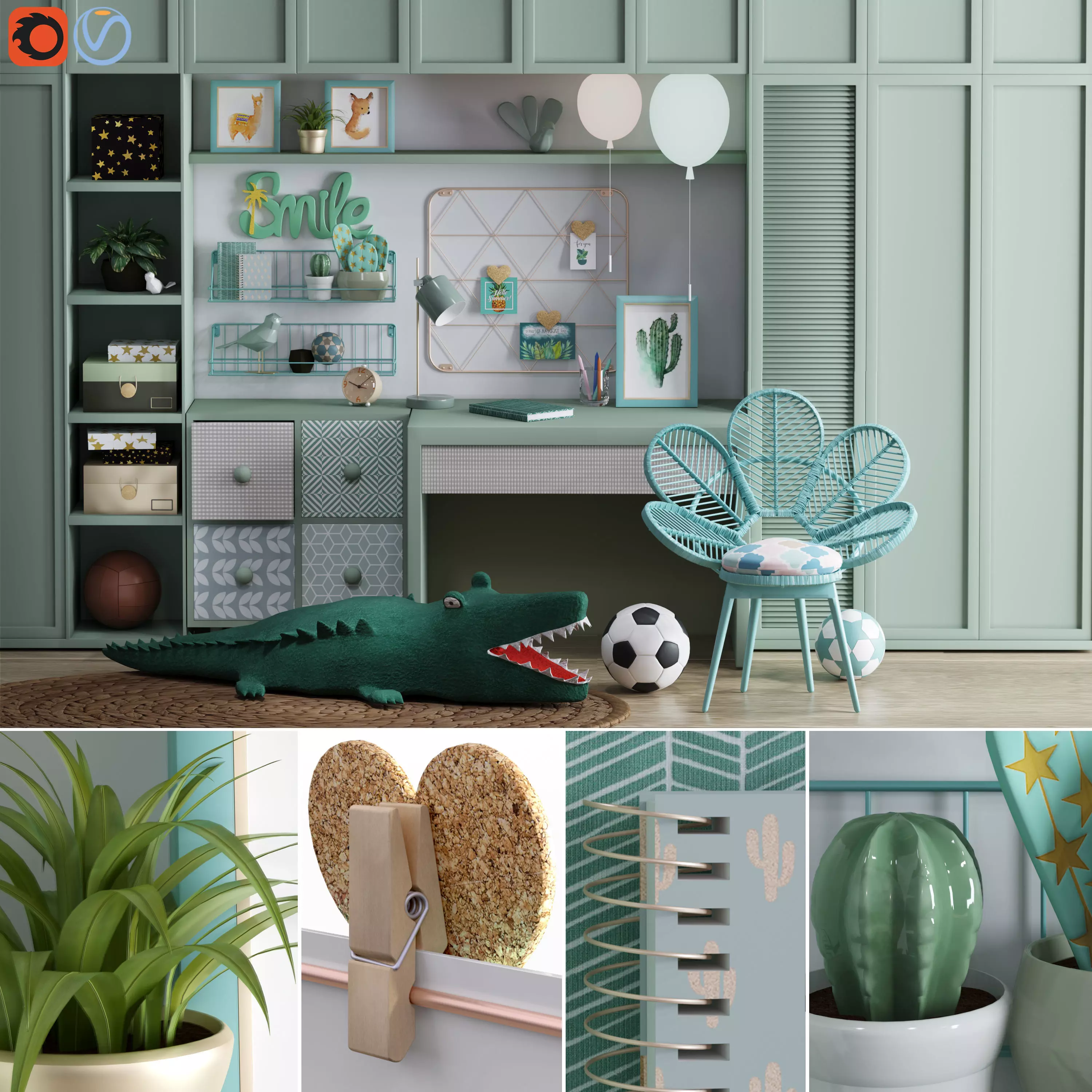 Realistic Study Desk Furniture for kid- interior kidroom set 3D model_0