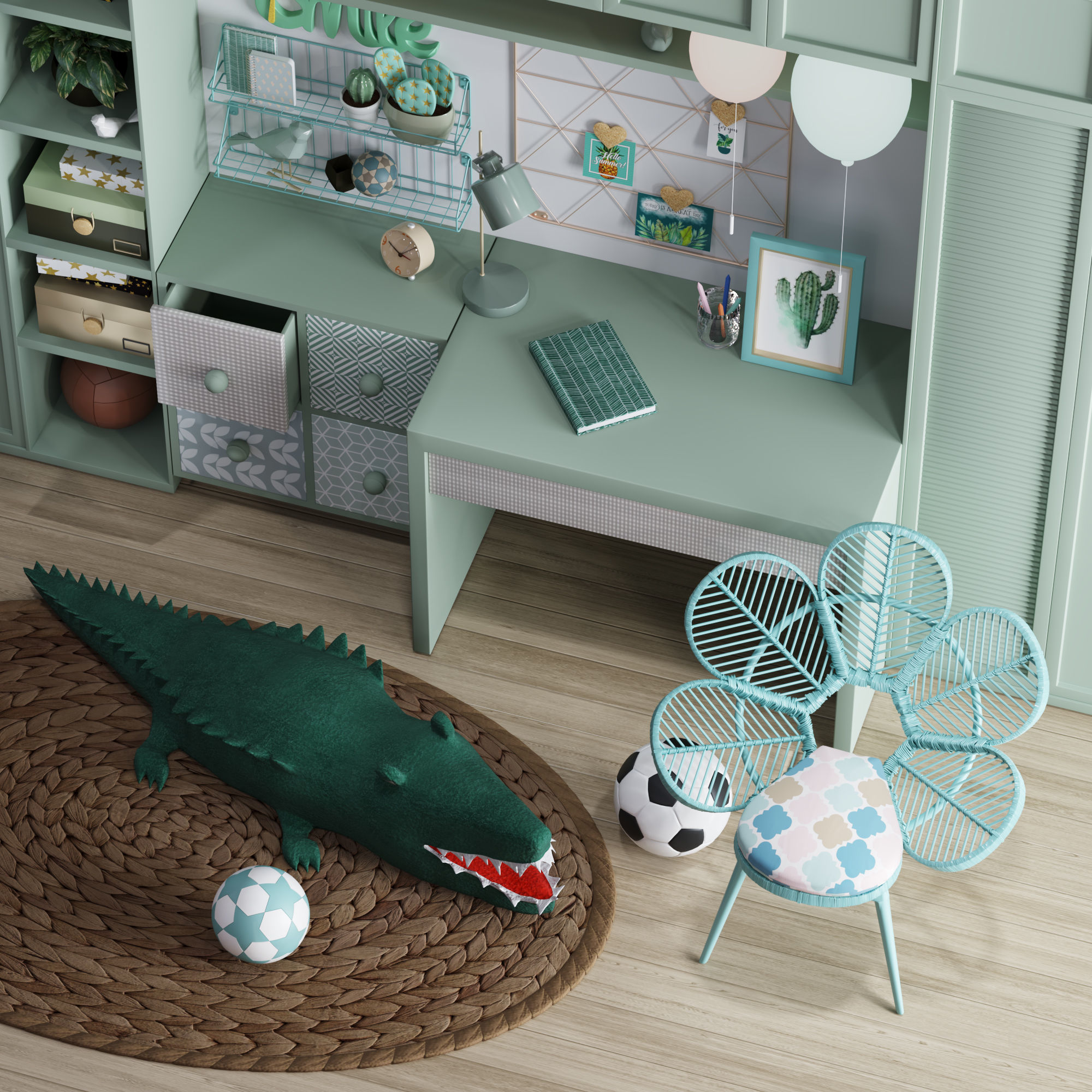 Realistic Study Desk Furniture for kid- interior kidroom set 3D model_1