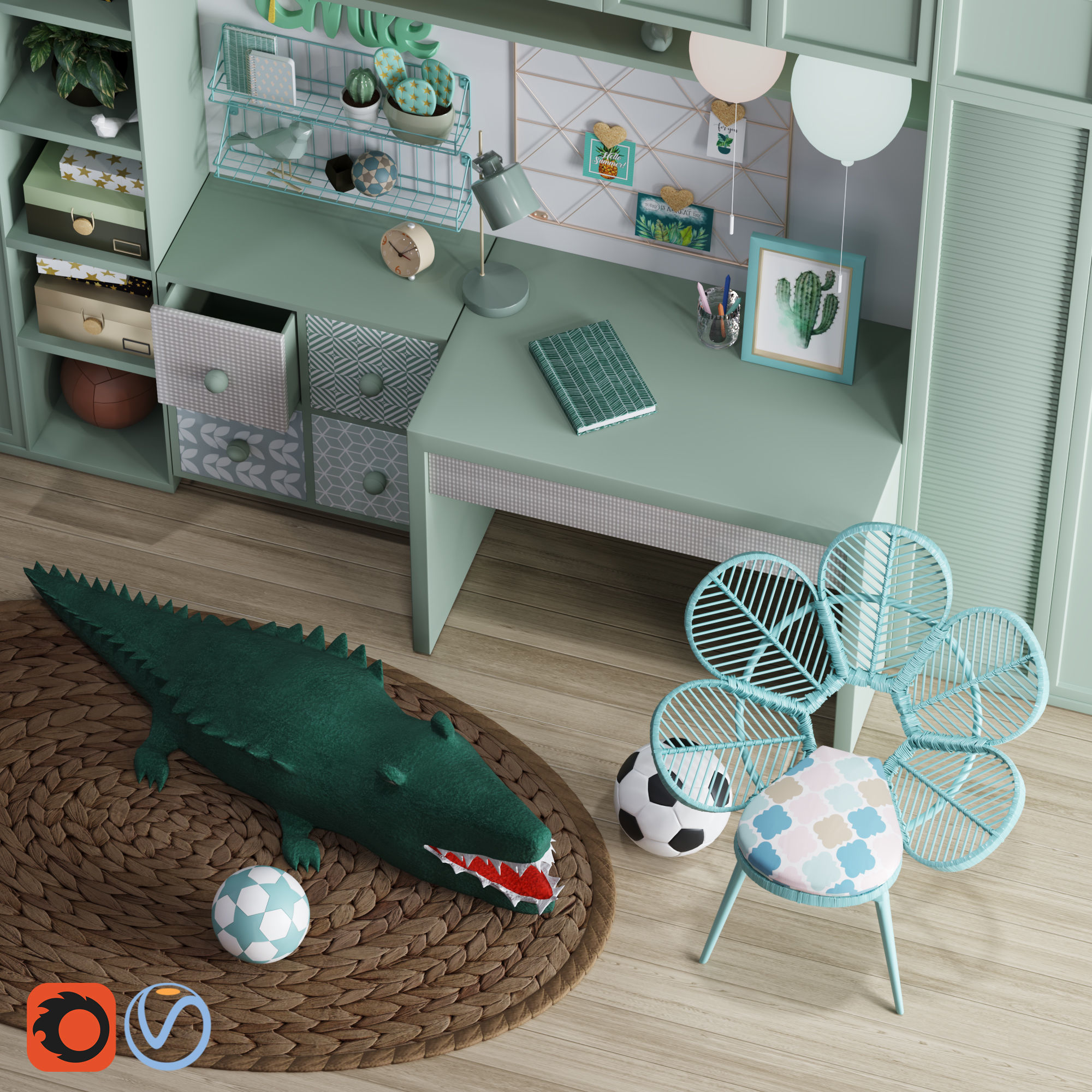 Realistic Study Desk Furniture for kid- interior kidroom set 3D model_24