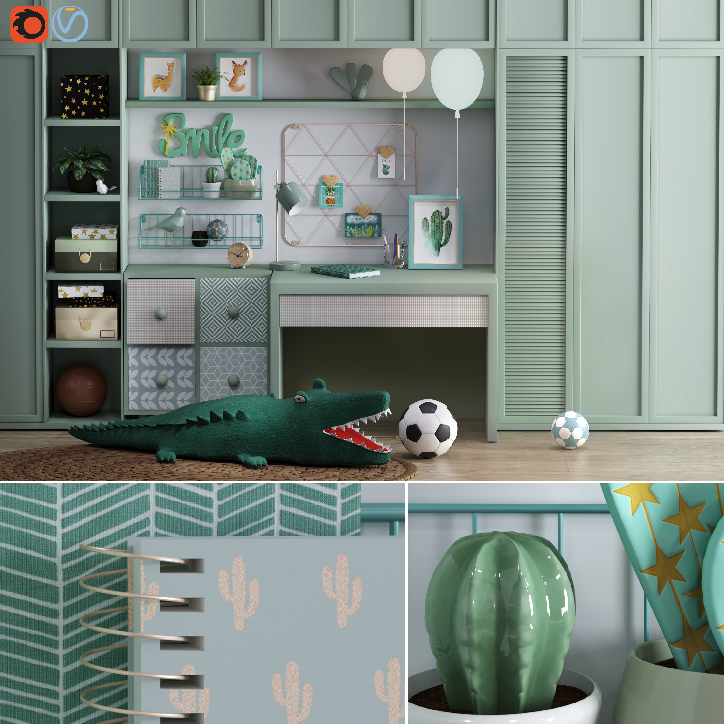 Realistic Study Desk Furniture for kid- interior kidroom set 3D model_29