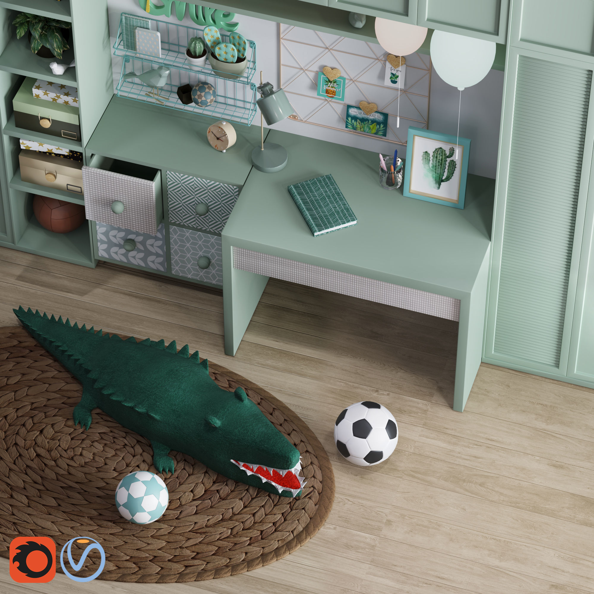 Realistic Study Desk Furniture for kid- interior kidroom set 3D model_27