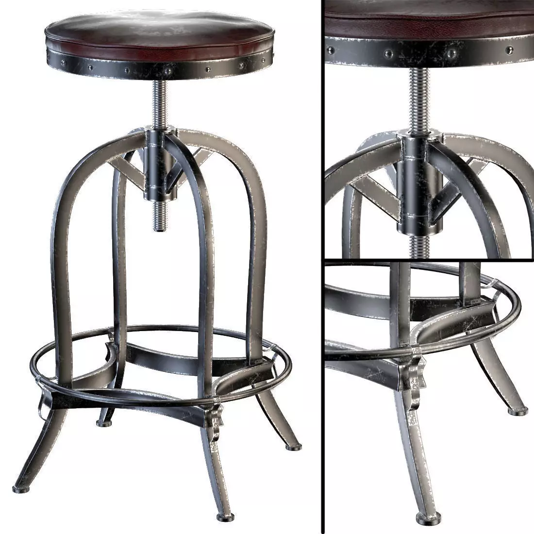 Dempsey Swivel Iron Bar Stool Brown Leather 3D model_0