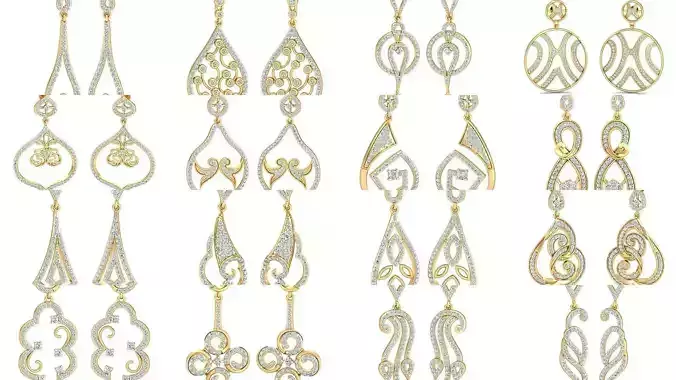 100 Women Ladies Bridal long earrings 3dm stl render details  3D Model Collection