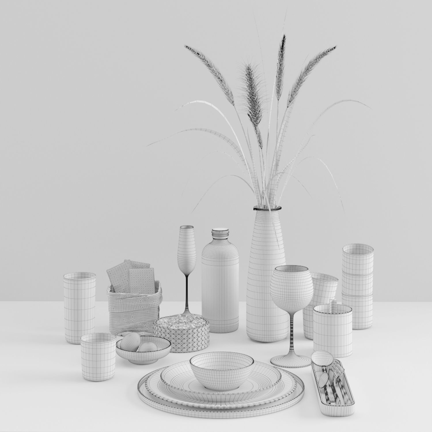 Hygge tableware with dry grass 3D model_2