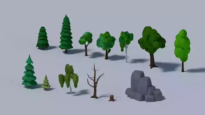 Low-poly trees set of and rocks