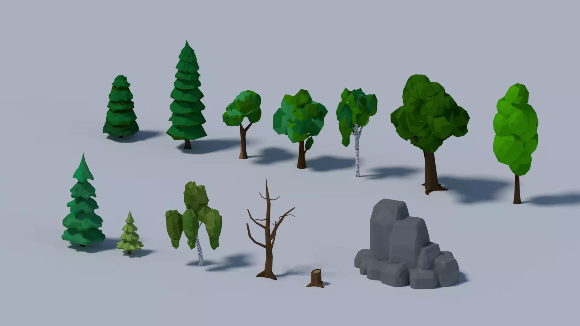 Low-poly trees set of and rocks Free low-poly 3D model_0