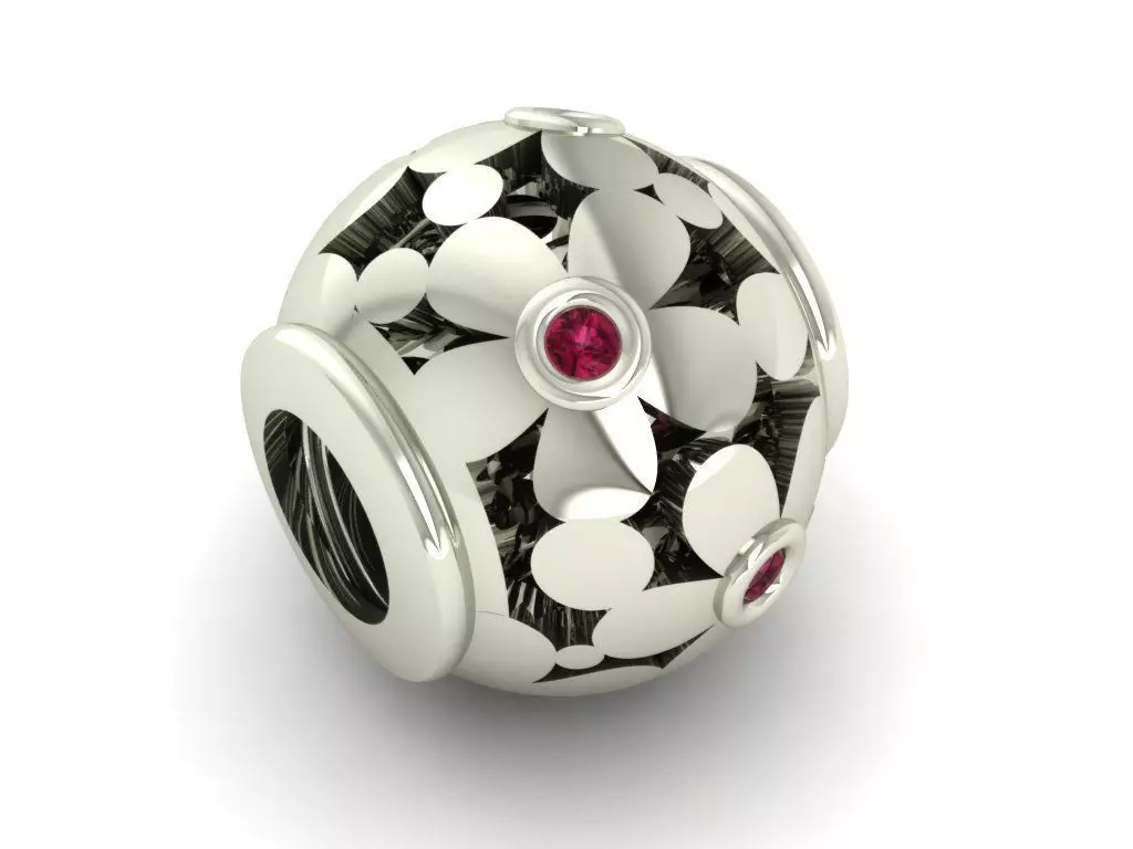 Charm daisy bead in sterling silver with ruby stones Free 3D model