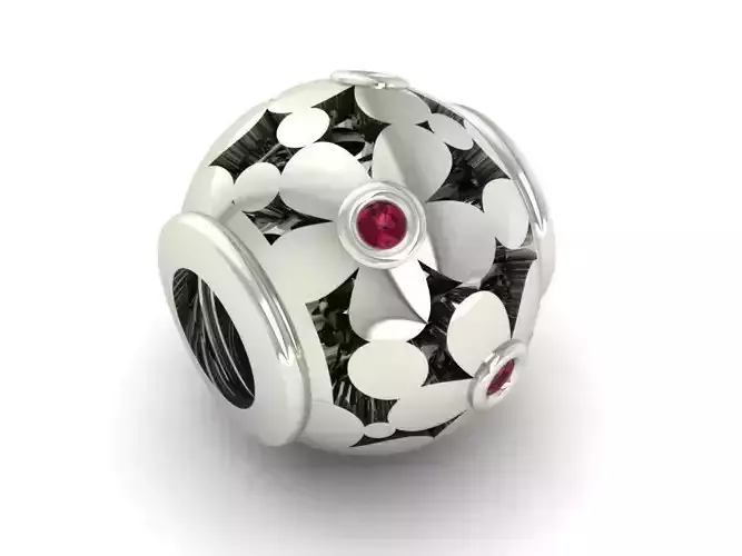 Charm daisy bead in sterling silver with ruby stones 3D model