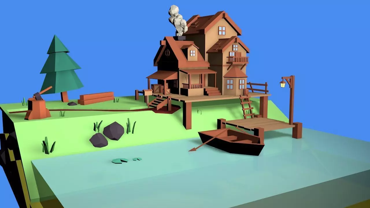 Three Story Low Poly House 3D model_0