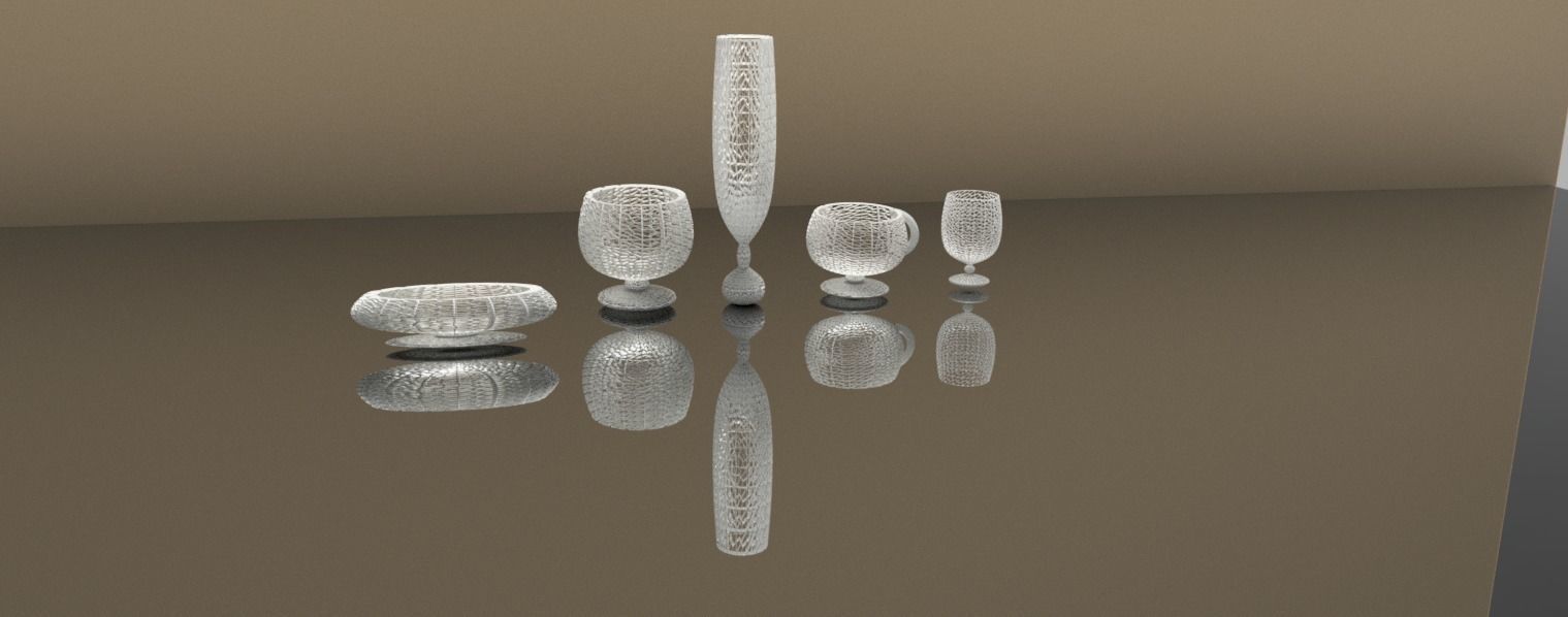 Wicker bowl set vase and plate 3D model_1