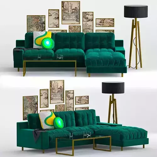 HENDRICKS Emerald green velvet right arm chaise sofa