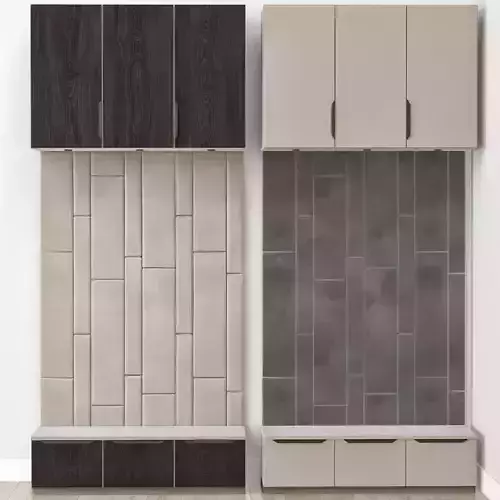 Wardrobe collection bathroom with tiled walls and cabinets