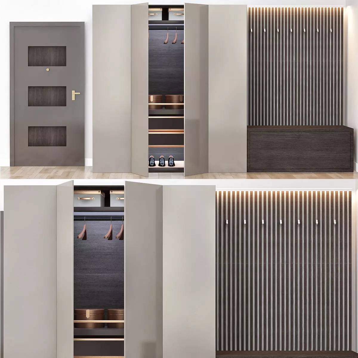 Wardrobe collection entryway with two doors and coat rack 3D model_0