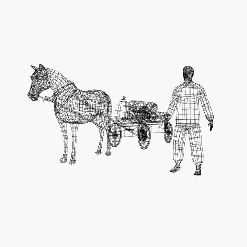 Peasant 19th century and Horse with cart and bags Low-poly 3D model_2