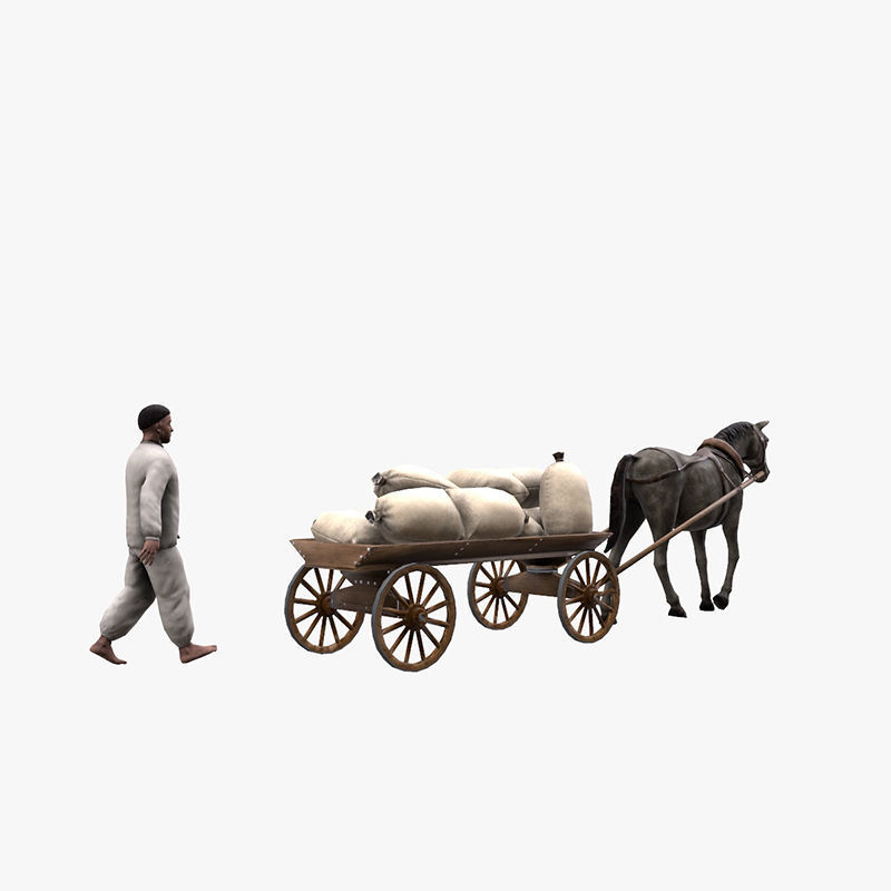 Peasant 19th century and Horse with cart and bags Low-poly 3D model_5
