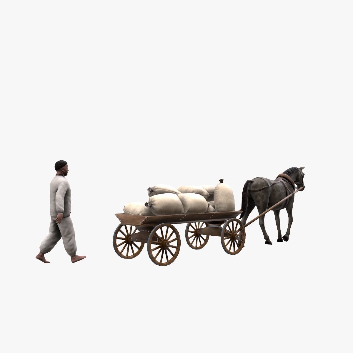 Peasant 19th century and Horse with cart and bags Low-poly 3D model_4