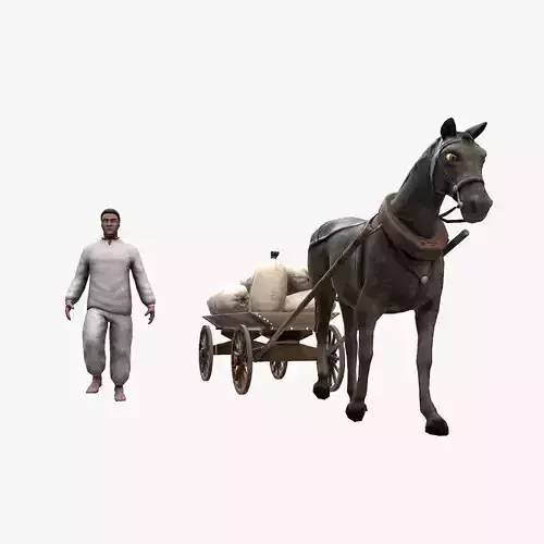 Peasant 19th century and Horse with cart and bags Low-poly 3D model