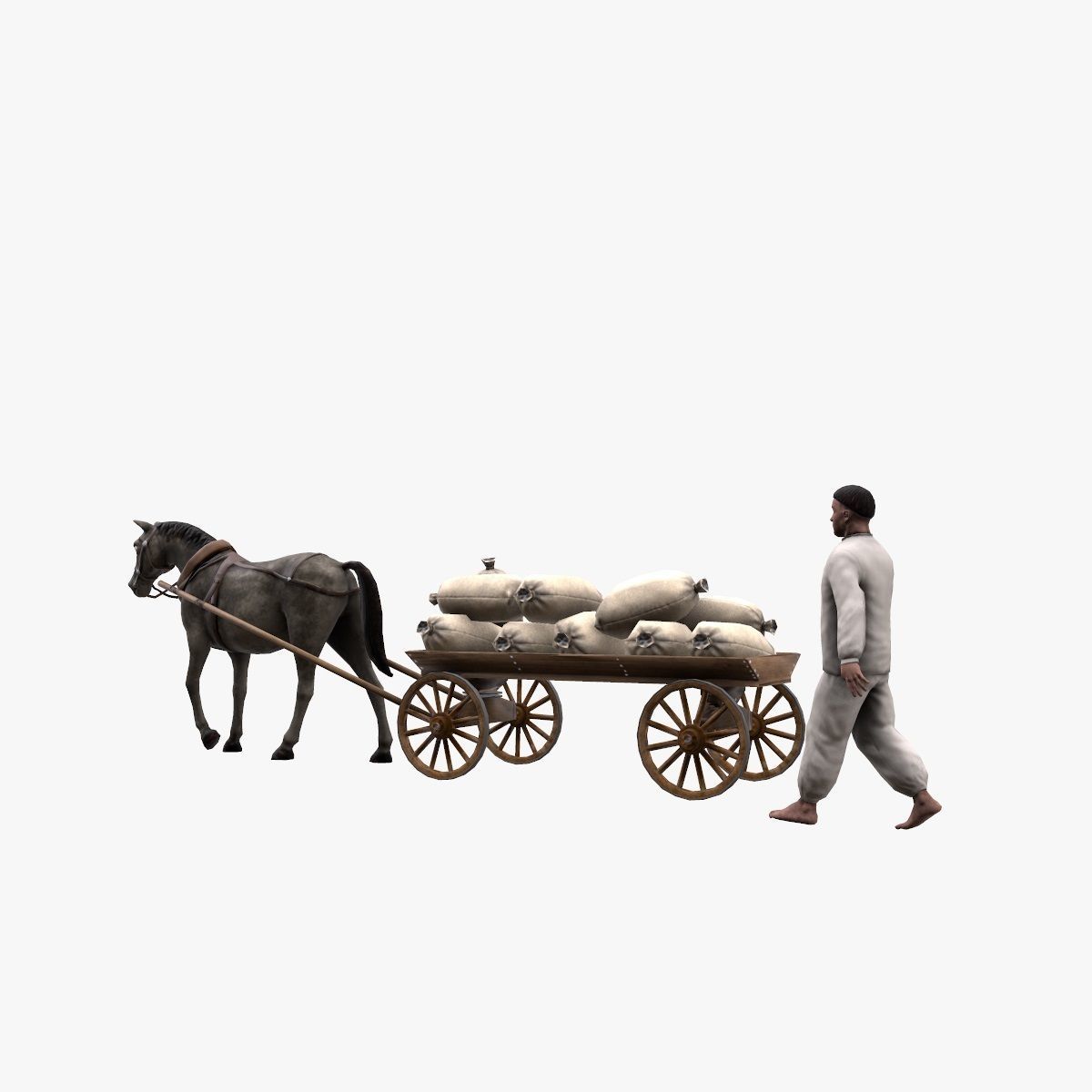 Peasant 19th century and Horse with cart and bags Low-poly 3D model_6