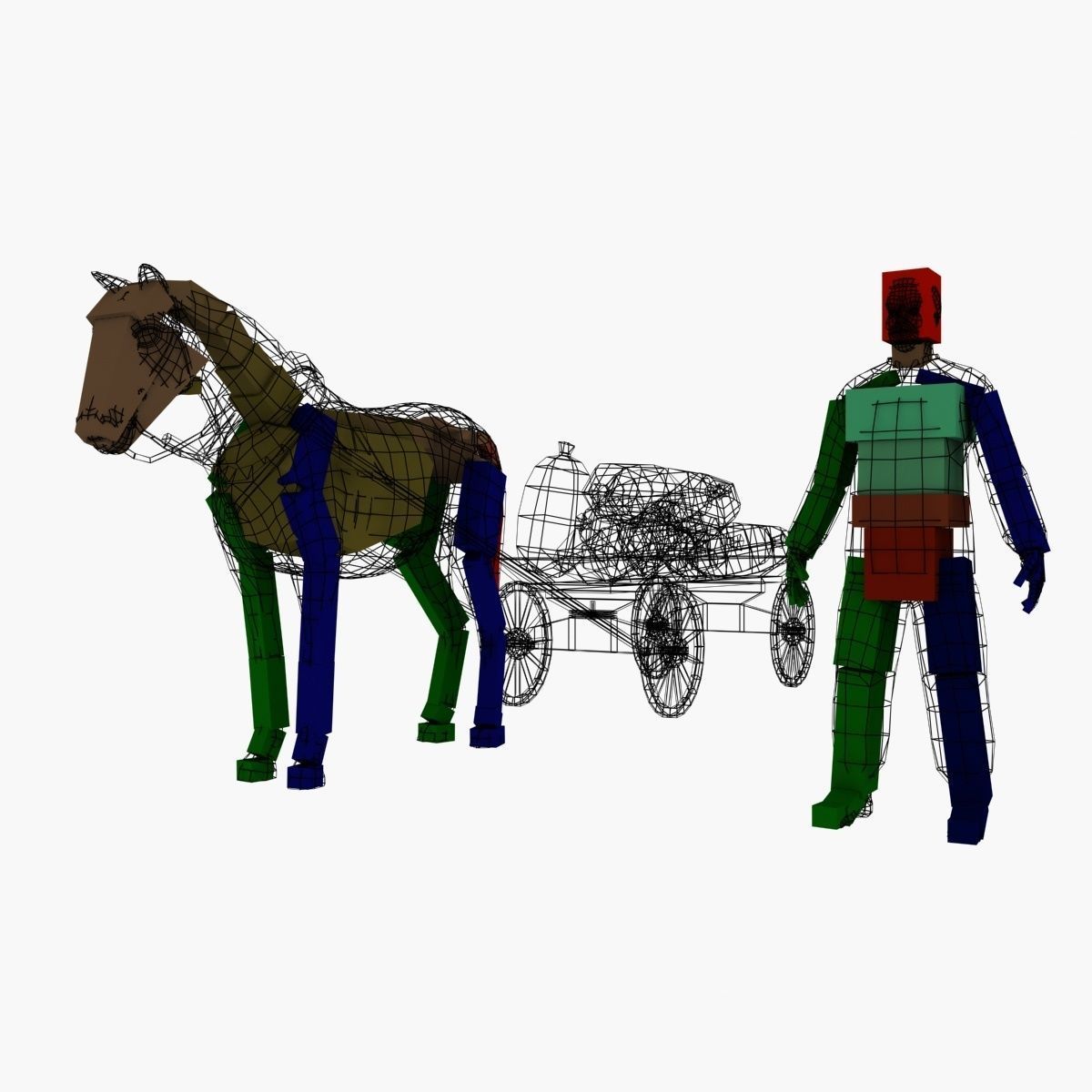 Peasant 19th century and Horse with cart and bags Low-poly 3D model_3