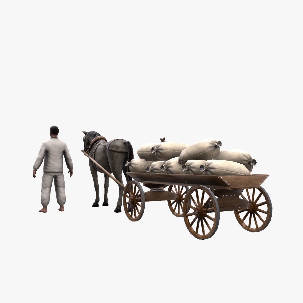 Peasant 19th century and Horse with cart and bags Low-poly 3D model_11