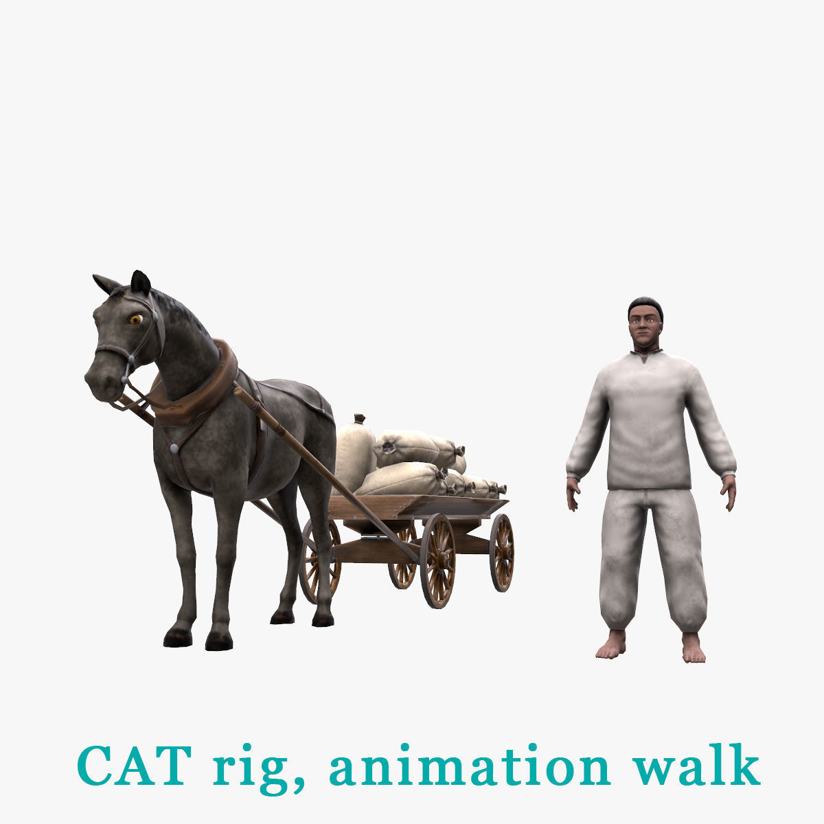 Peasant 19th century and Horse with cart and bags Low-poly 3D model_10