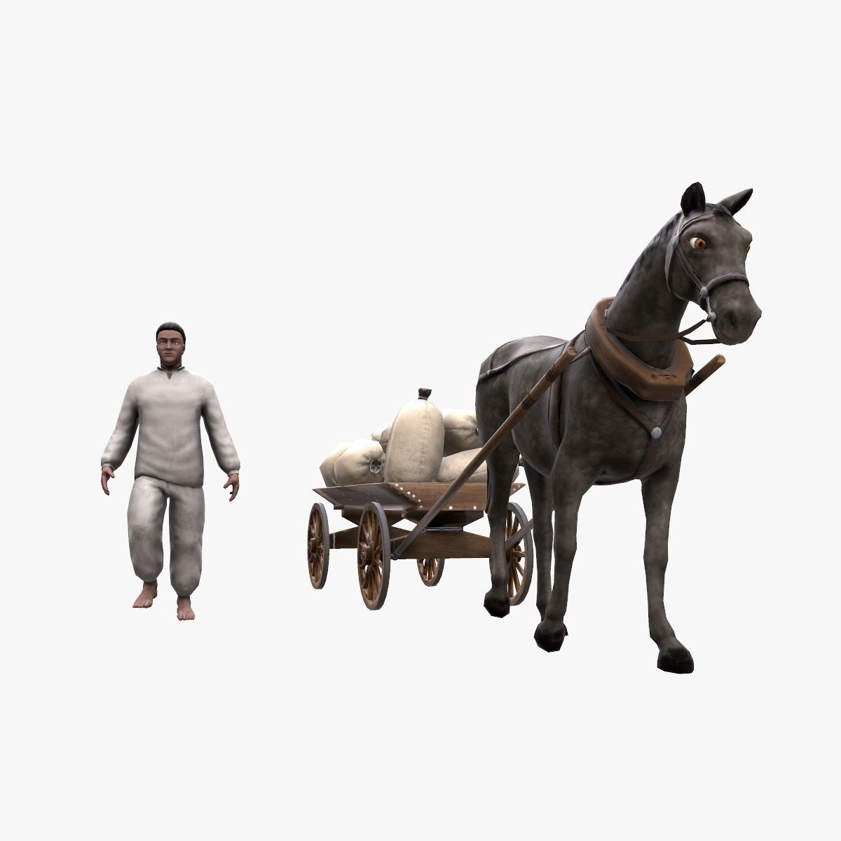 Peasant 19th century and Horse with cart and bags Low-poly 3D model_9