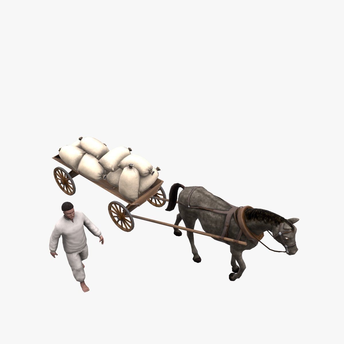Peasant 19th century and Horse with cart and bags Low-poly 3D model_8