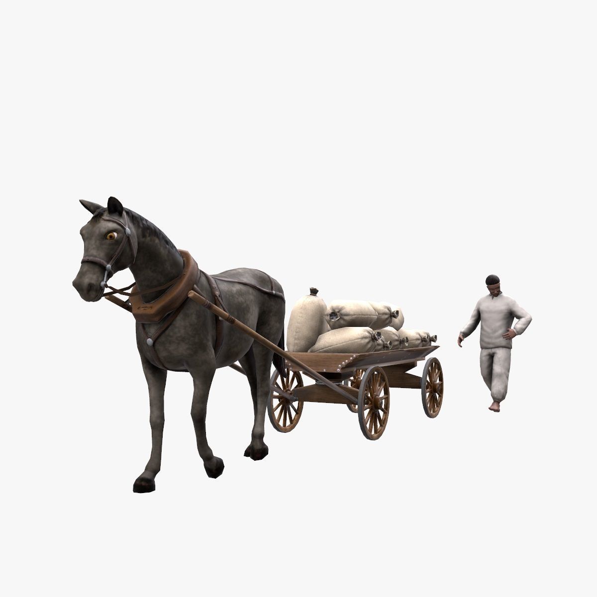 Peasant 19th century and Horse with cart and bags Low-poly 3D model_7