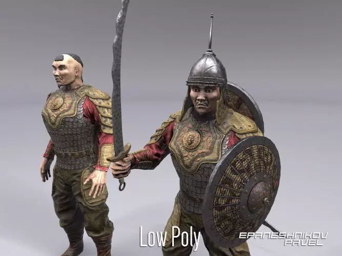 Mongol sword and shield Low-poly 3D model