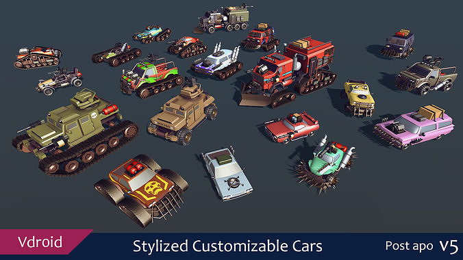 Stylized Customizable Cars post apo v5 Low-poly 3D model