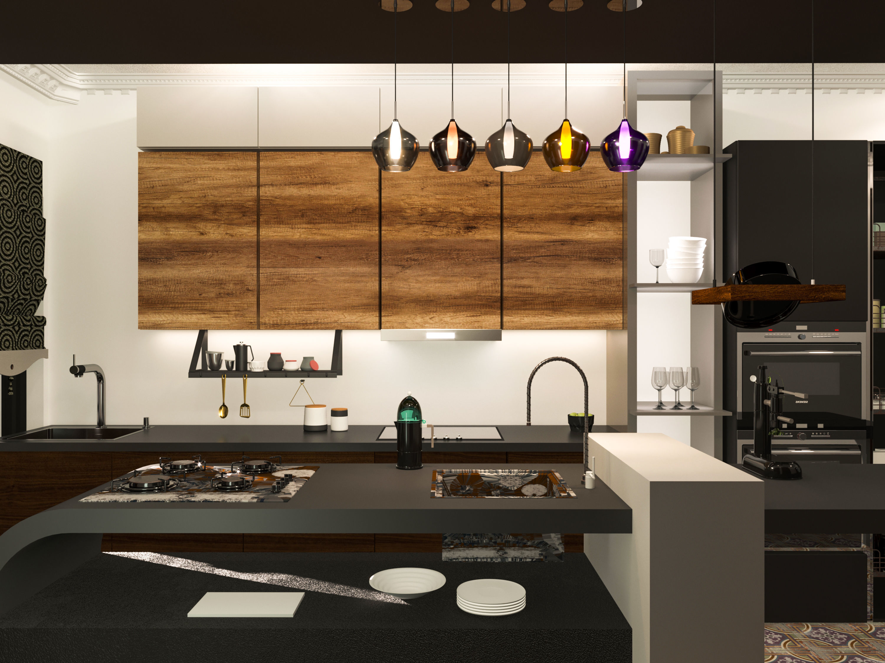 kitchen modern with wooden cabinets and counter tops Free low-poly 3D model_4