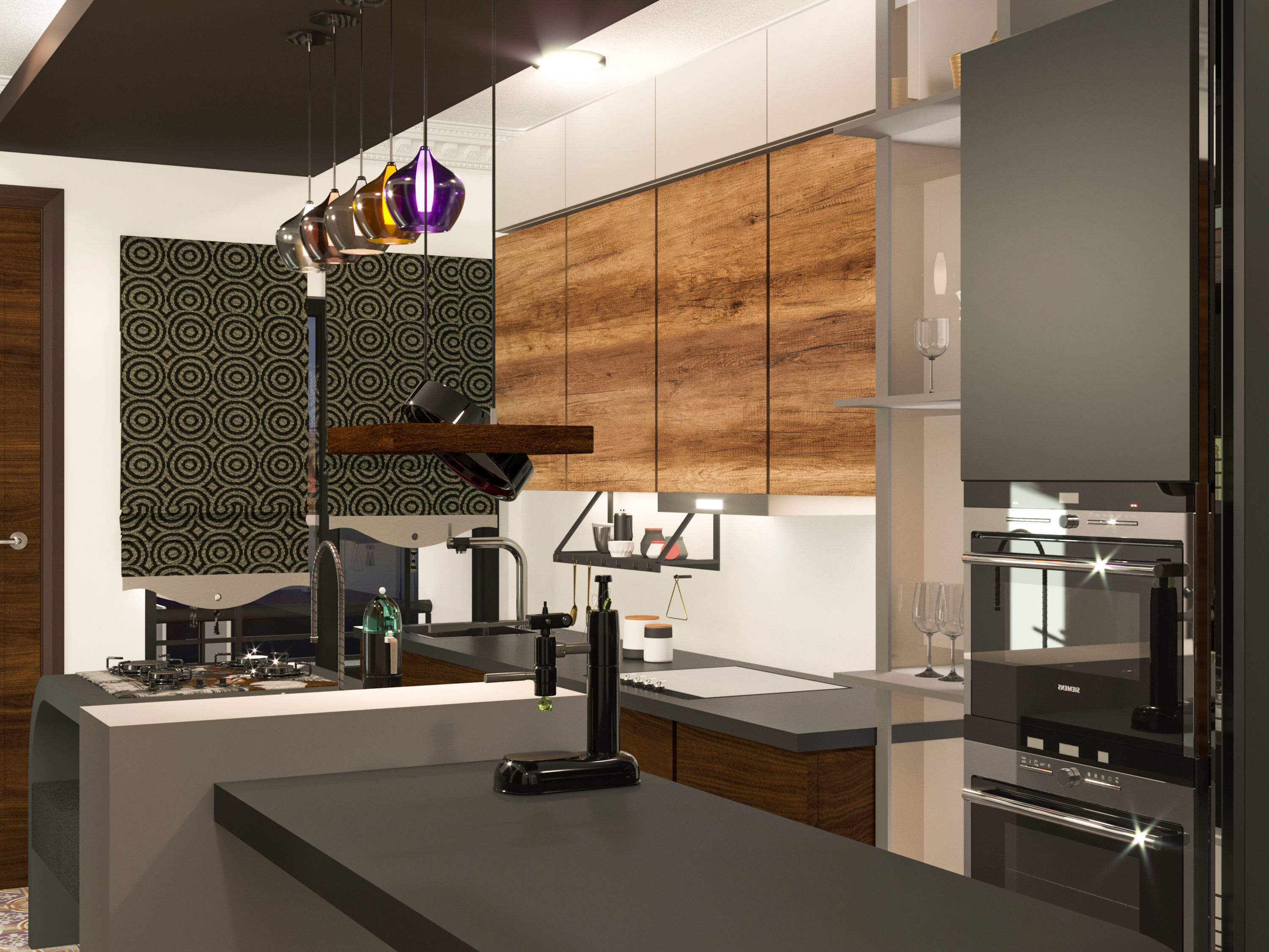 kitchen modern with wooden cabinets and counter tops Free low-poly 3D model_3
