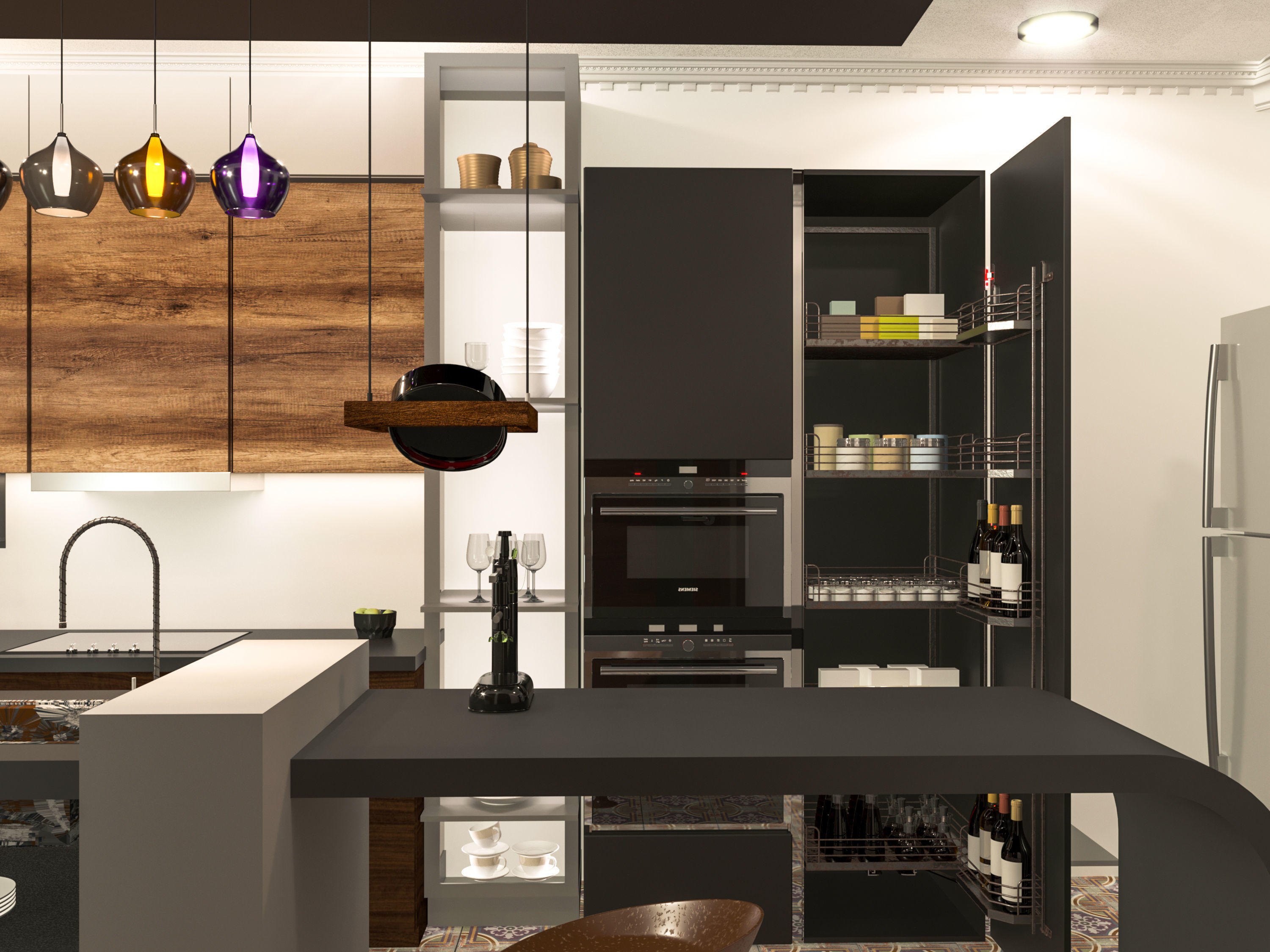 kitchen modern with wooden cabinets and counter tops Free low-poly 3D model_1