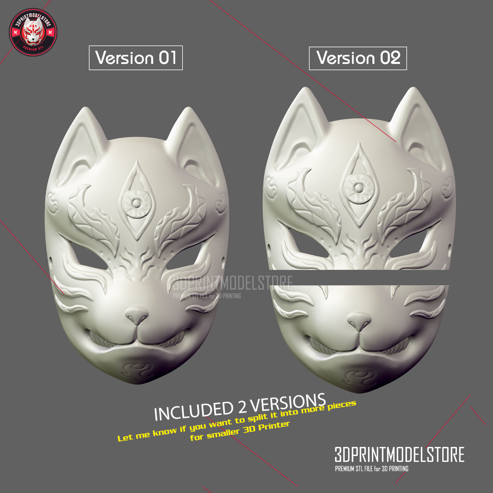 Japanese Fox Mask Demon Kitsune Cosplay Helmet Oni Samurai 3D print model_4