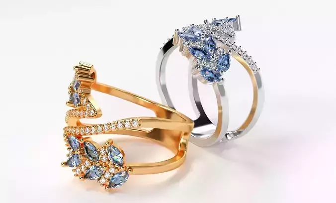 delicate leaves shape gold ring with gemstones 3D printed model
