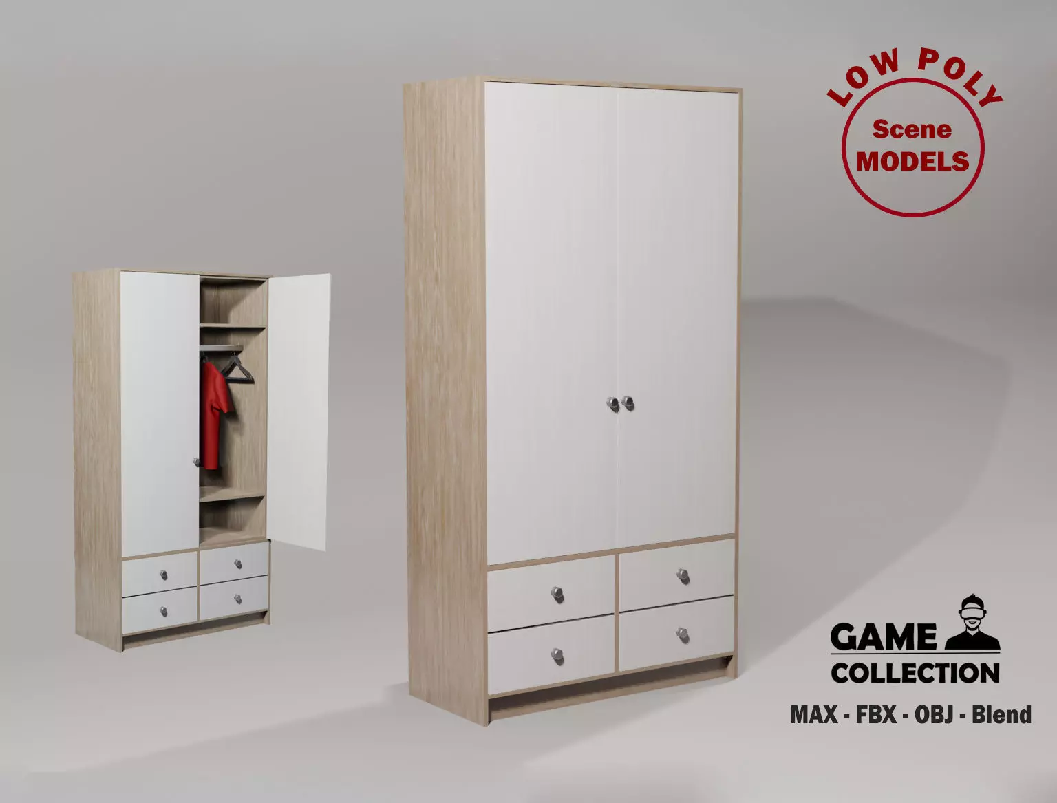 Wardrobe 1 Lowpoly with two doors and shirt Low-poly 3D model_0