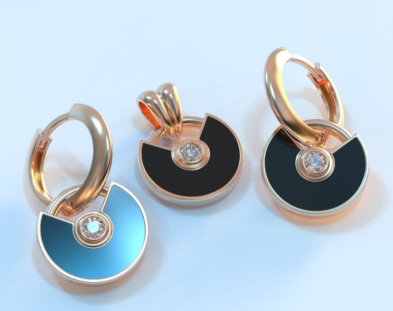 Set of stylish earrings and a pendant round with a stone 473 3D print model_4