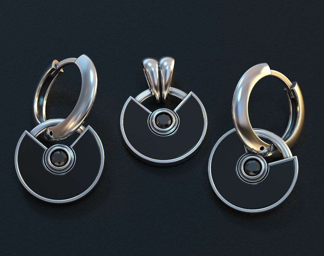 Set of stylish earrings and a pendant round with a stone 473 3D print model_11