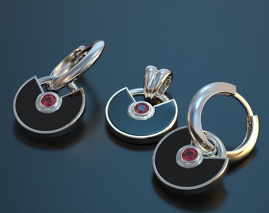 Set of stylish earrings and a pendant round with a stone 473 3D print model_7