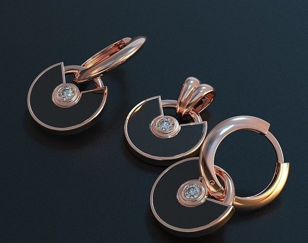 Set of stylish earrings and a pendant round with a stone 473 3D print model