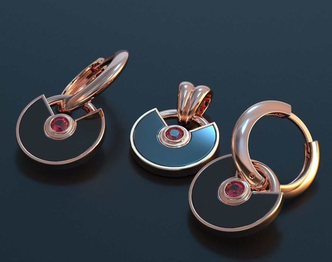 Set of stylish earrings and a pendant round with a stone 473 3D print model_1
