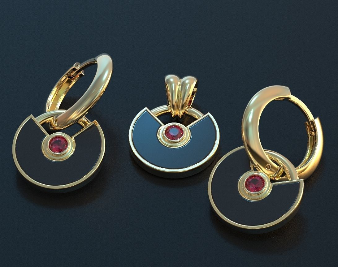 Set of stylish earrings and a pendant round with a stone 473 3D print model_14